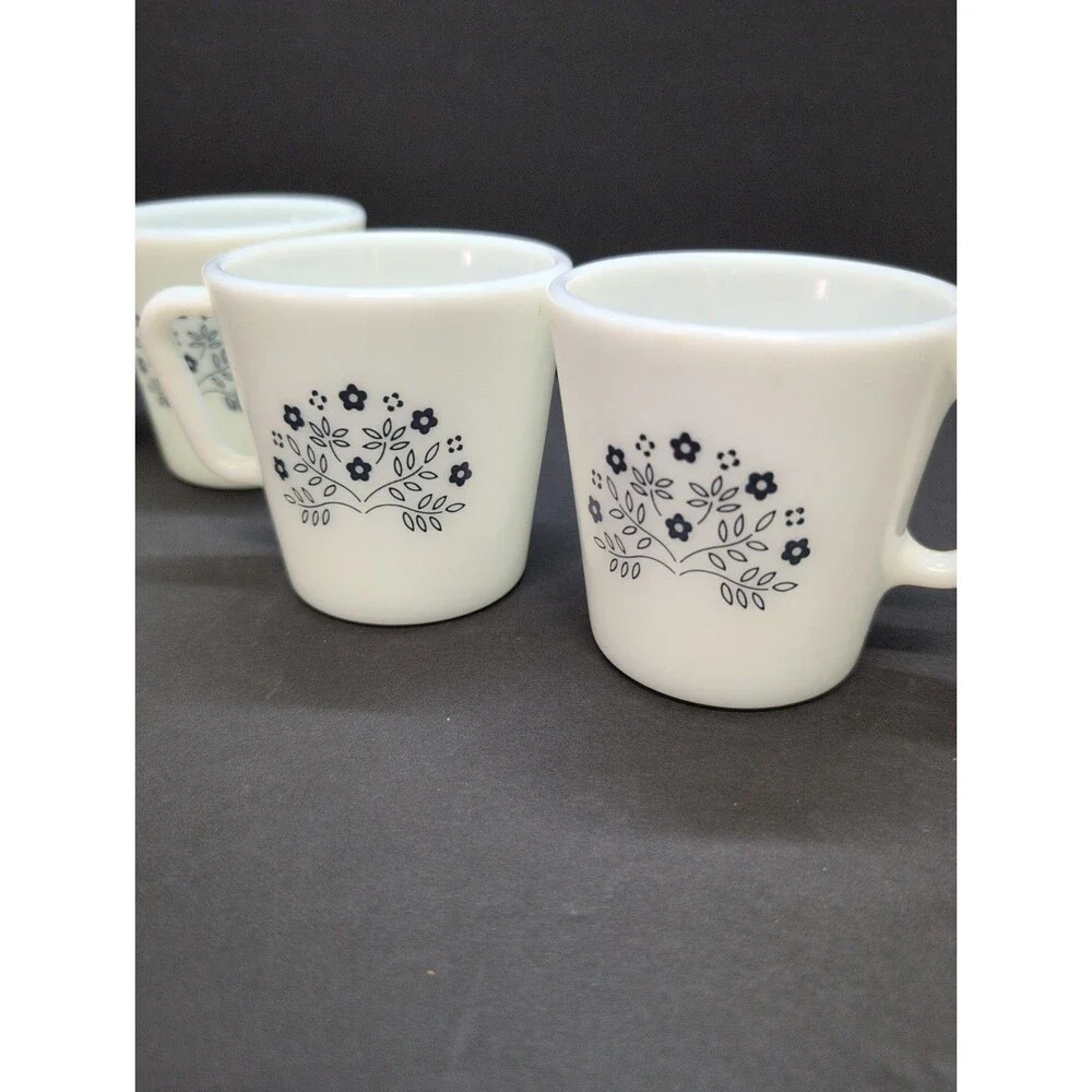Pyrex Summer Impressions Blue Flower Coffee Cup White Milk Glass Set of 4